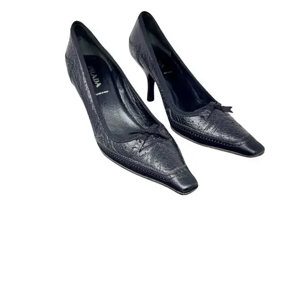 Vintage Prada Brogue Kitten Heel Pumps Black Leather Square Toe Size 39 - Picture 10 of 10